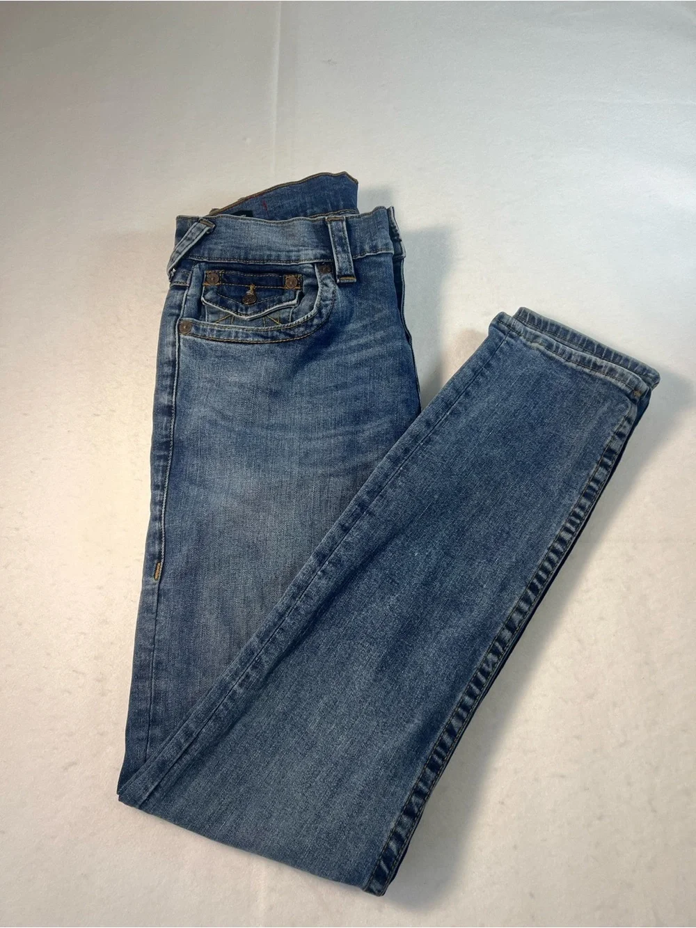 True Religion Mens Rocco Relaxed Skinny Jeans Blue Medium Wash Flap Pocket Sz 30